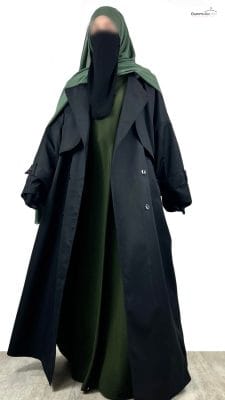 Trench Coat Noir x Maxi Hijab XXL Olive x Half Niqab Noir by Oummi Abi Moi