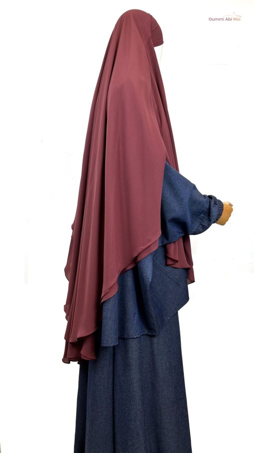 Khimar Wijden Mousseline Bois de Rose x Chemise Anisley Denim x Jupe Portefeuille Anisley Denim by Oummi Abi Moi